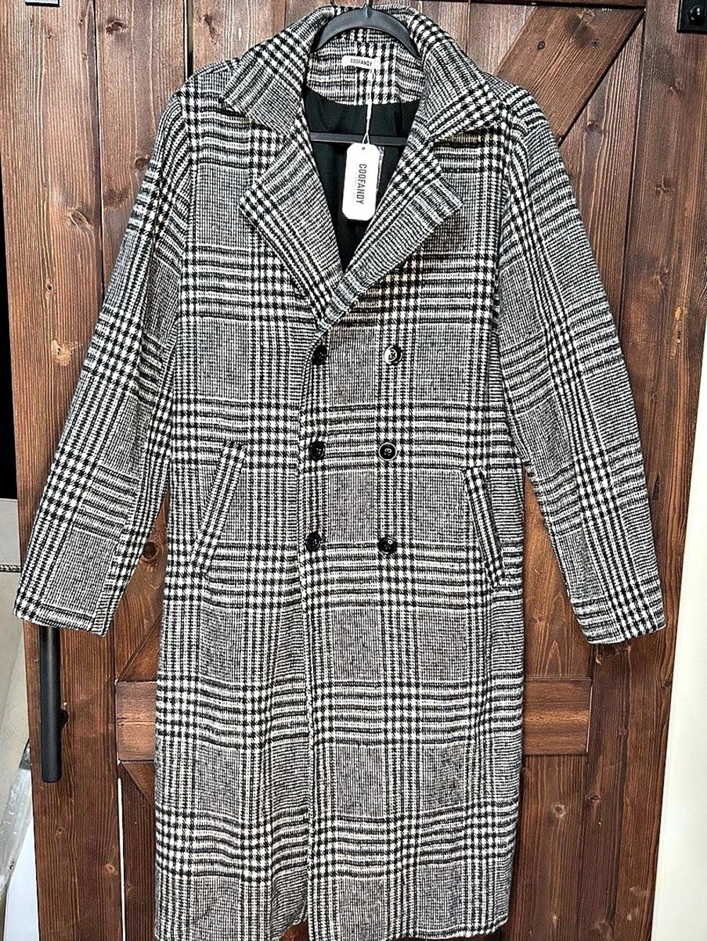COOFANDY Plaid Double-Breasted Coat in Black & White NWT